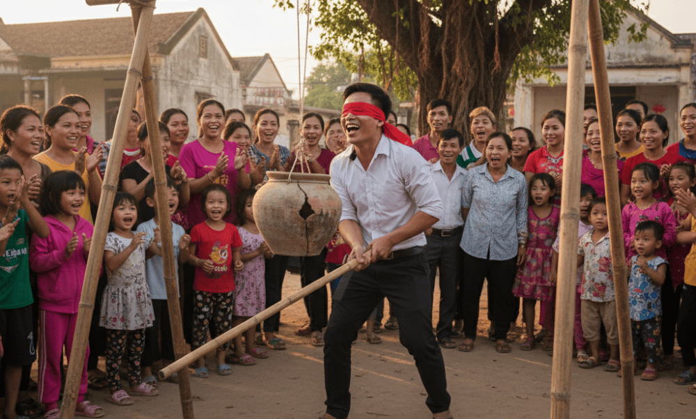 With eyes blindfolded and cheers from the crowd, players try to smash a hanging clay pot using only a bamboo stick